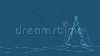 4K冬季动画循环蓝色背景与降雪和三个弗里斯。 广告或销售banner背景..